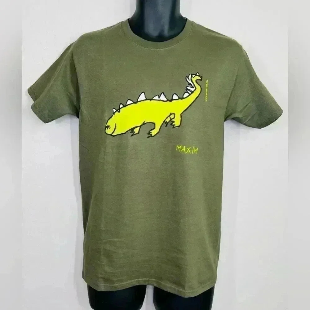 MAXIMS ART Unisex Dinosaur Art Crewneck Short Sleeve Tee Bright Olive Size Small